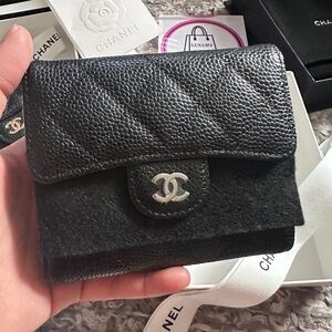 CHANEL Black Quilted Caviar Leather Small Wallet with Silver CC